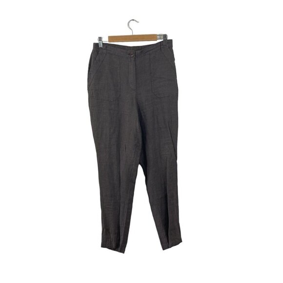 FLAX Small Pants Linen Tapered Legs Elastic Waist Dark Brown Lightweight Womens - Picture 1 of 8